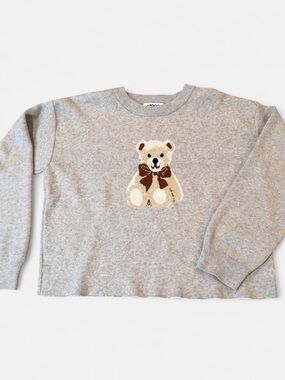 Vigoss Grey Crewneck Sweater with Beige Teddy Bear and Brown Bow Small